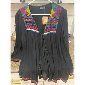 Earthbound Trading Co Black Embroidered Tassel Cardigan Top Womens Large NEW